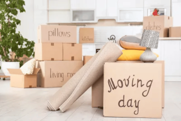 Boxes labeled for moving day preparation